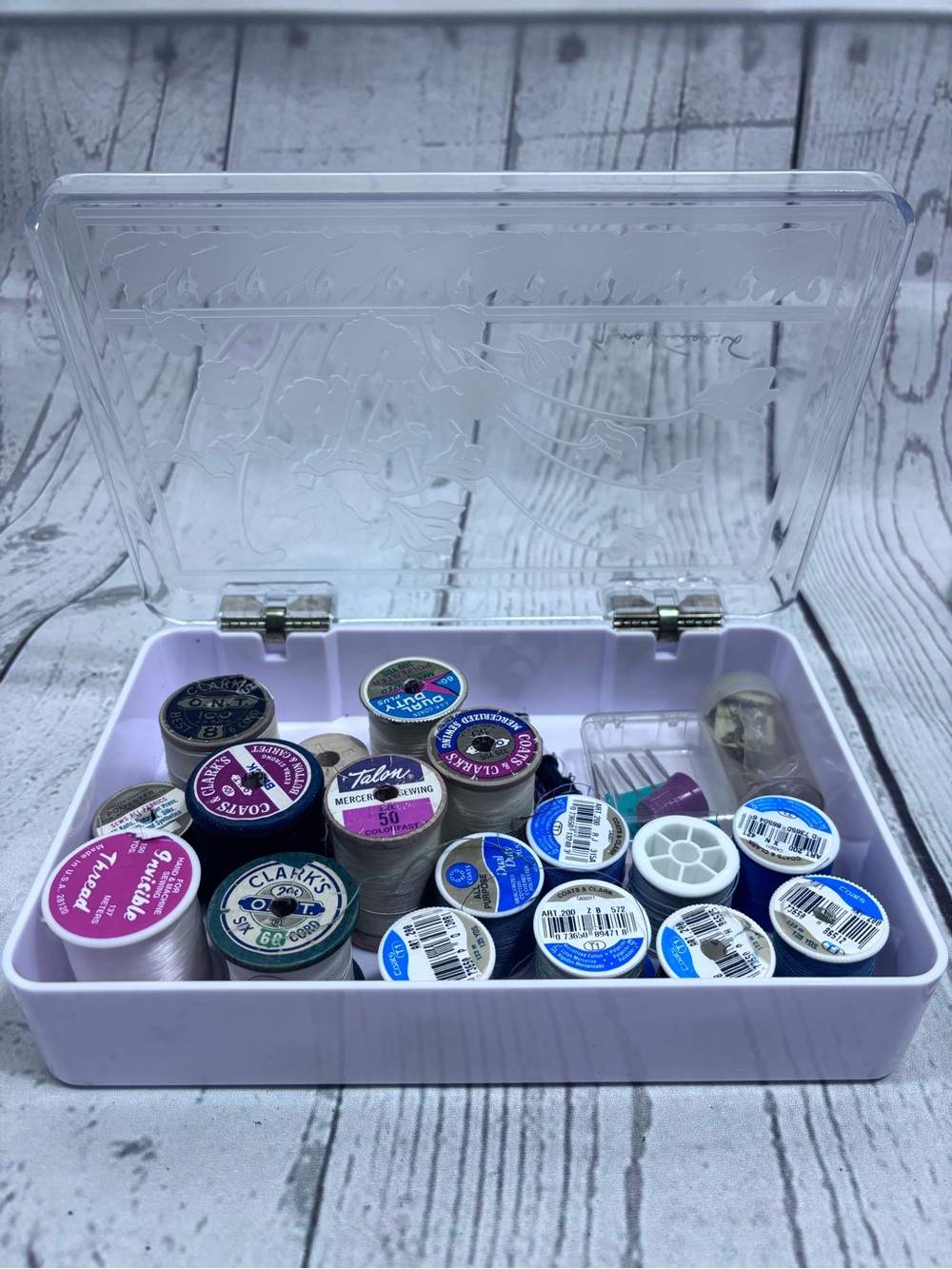 Set of Vintage Threads and Sewing Supplies in  Gloria Vanderbilt Plastic Box